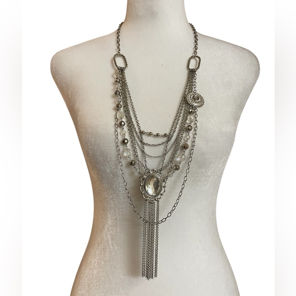 Unbranded Silver Tone Bib Collar Layered Chain Beaded Necklace